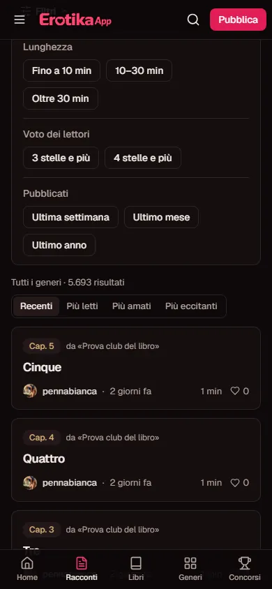 Il pannello dei filtri sopra l'elenco dei racconti